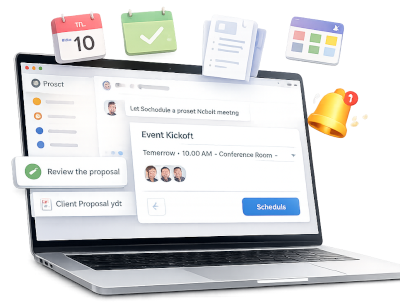 Opeego calendar view showing events, meetings, and deadlines across a month