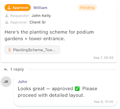 Opeego approval feature showing approve and reject buttons for a floor plan