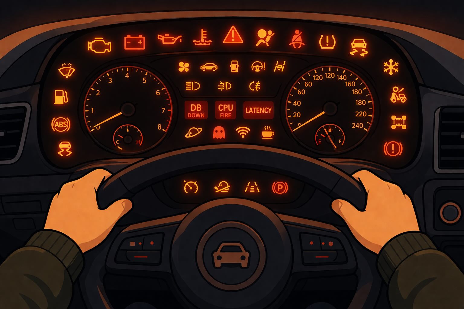 A monitoring dashboard showing graphs, alert counts and service metrics