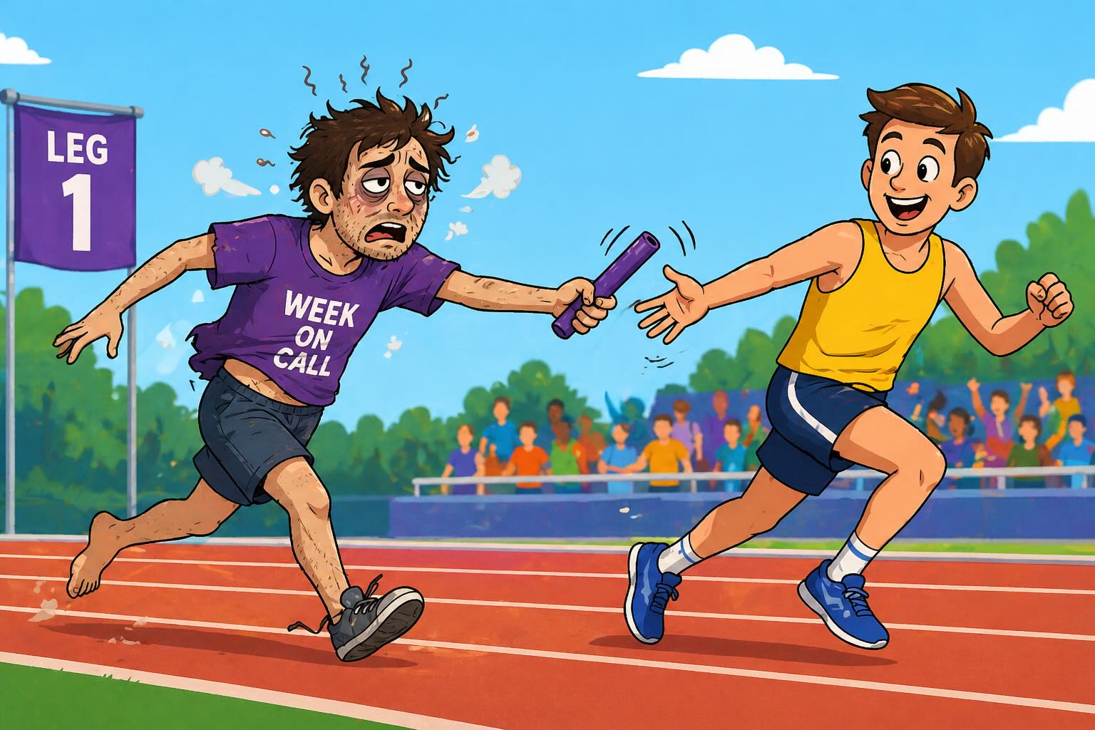 Two engineers at a whiteboard reviewing notes during a team handoff