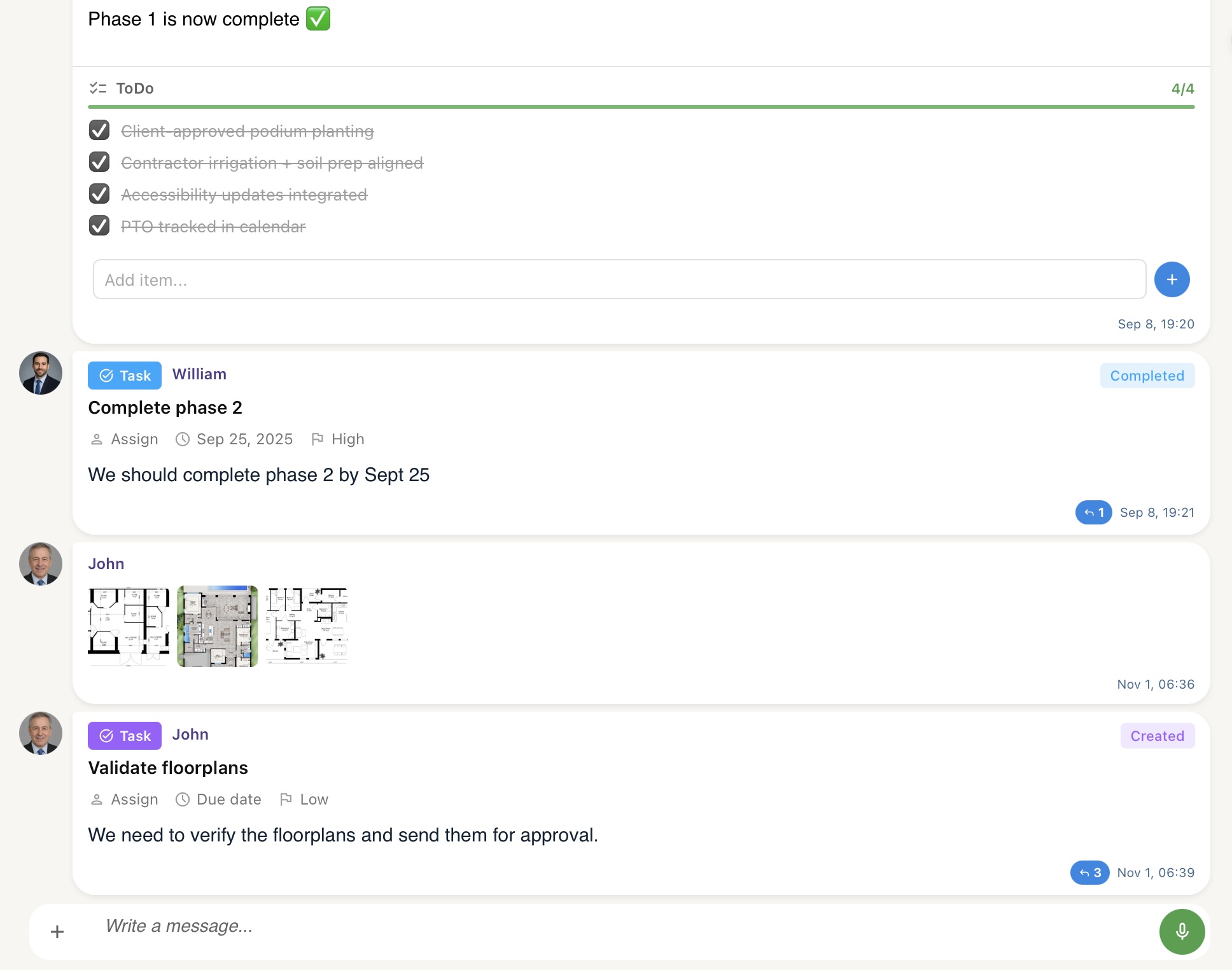 Opeego session showing a design project conversation with file attachments, approvals, and messages