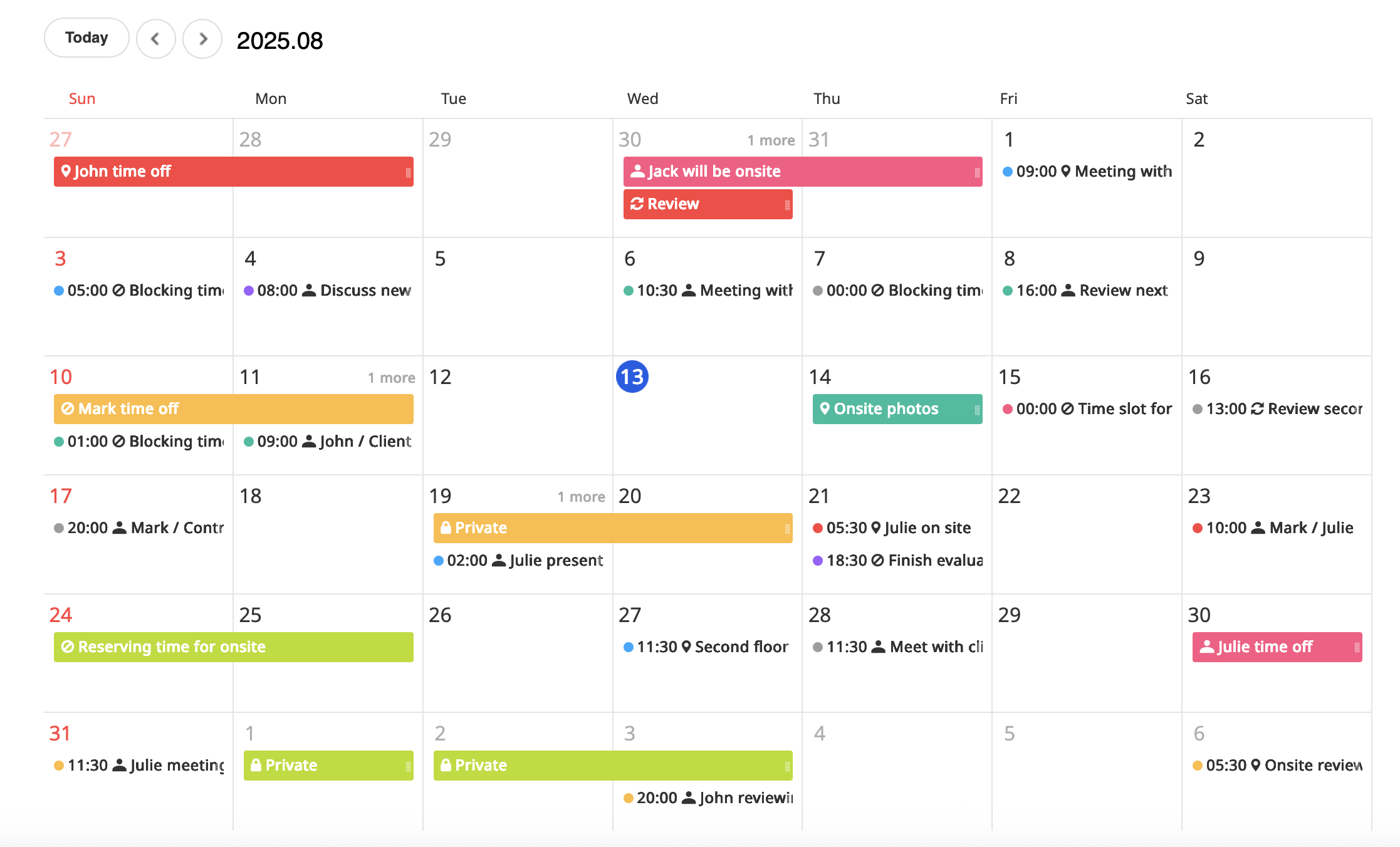 Opeego calendar showing site visits, design review deadlines, and project milestones across a month view