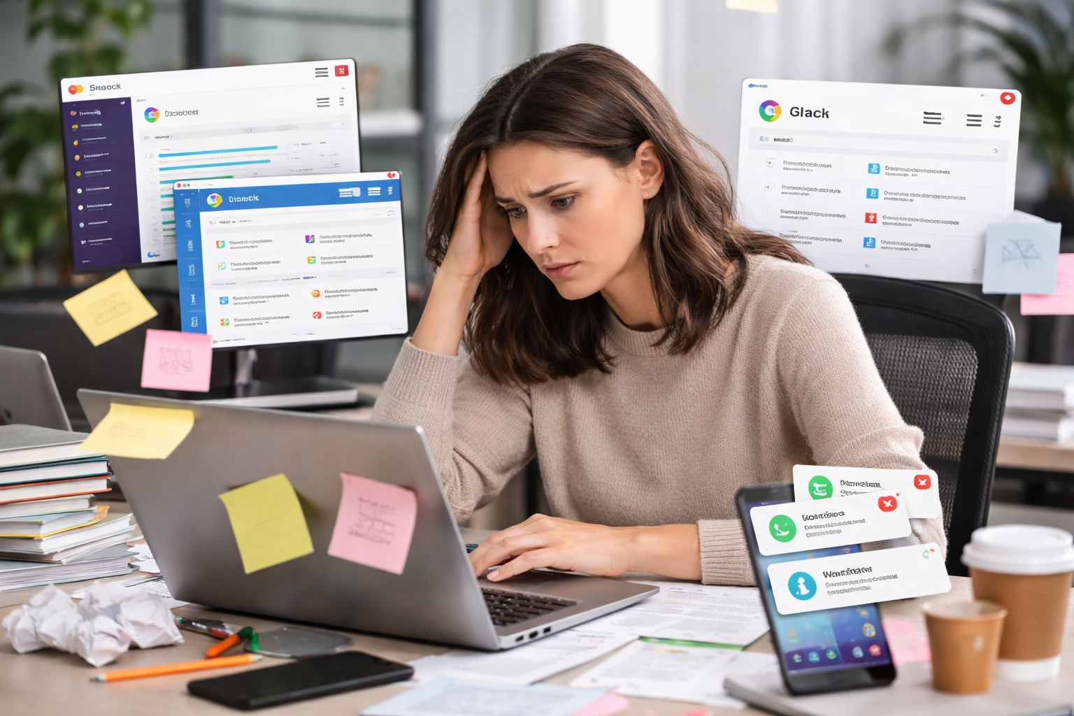 Sticky notes showing Team Work, Project Plan, and E-Mail — representing scattered tools